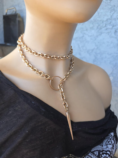Rose Gold Steel Choker Style Layered Lariat Spike Necklace - Adjustable Clasp