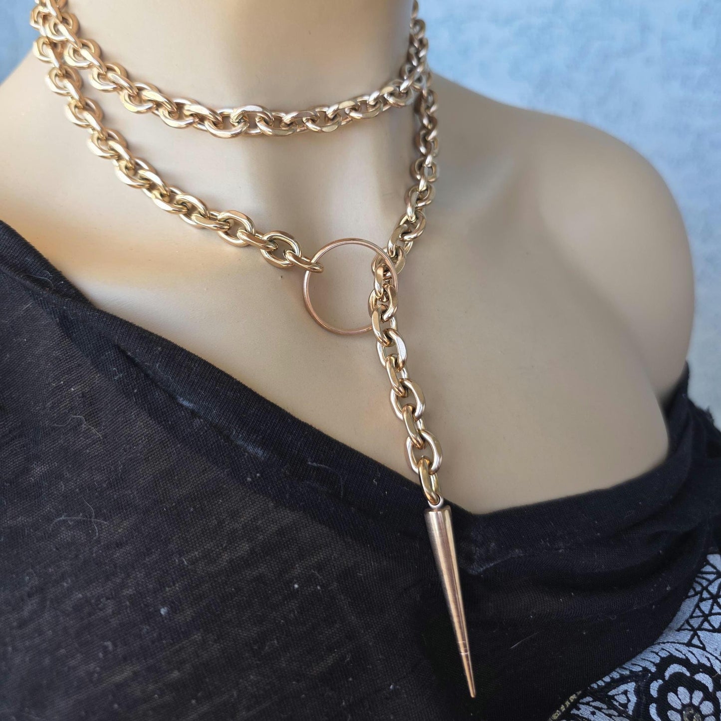 Rose Gold Steel Choker Style Layered Lariat Spike Necklace - Adjustable Clasp