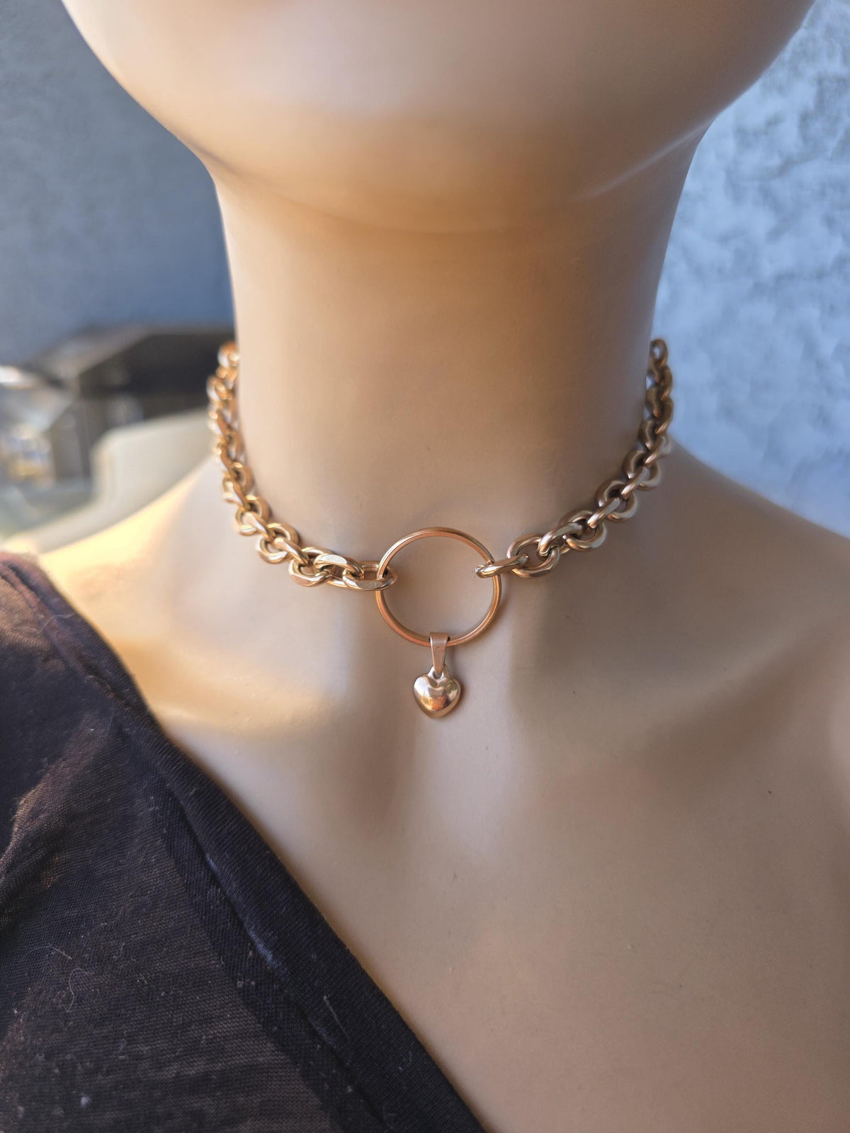 Rose Gold Steel Day Collar Choker Style Necklace with Heart Charm - Adjustable or Locking Clasp
