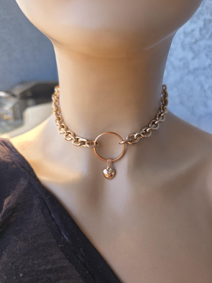 Rose Gold Steel Day Collar Choker Style Necklace with Heart Charm - Adjustable or Locking Clasp
