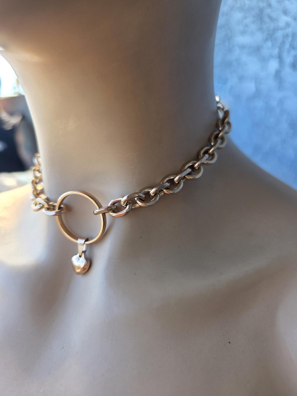 Rose Gold Steel Day Collar Choker Style Necklace with Heart Charm - Adjustable or Locking Clasp