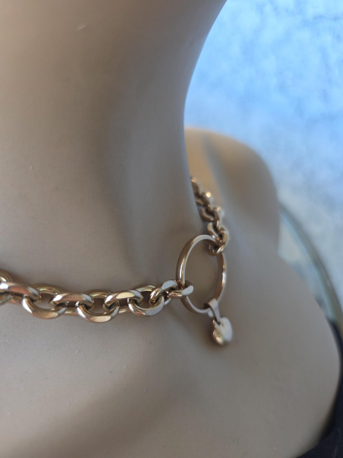 Rose Gold Steel Day Collar Choker Style Necklace with Heart Charm - Adjustable or Locking Clasp