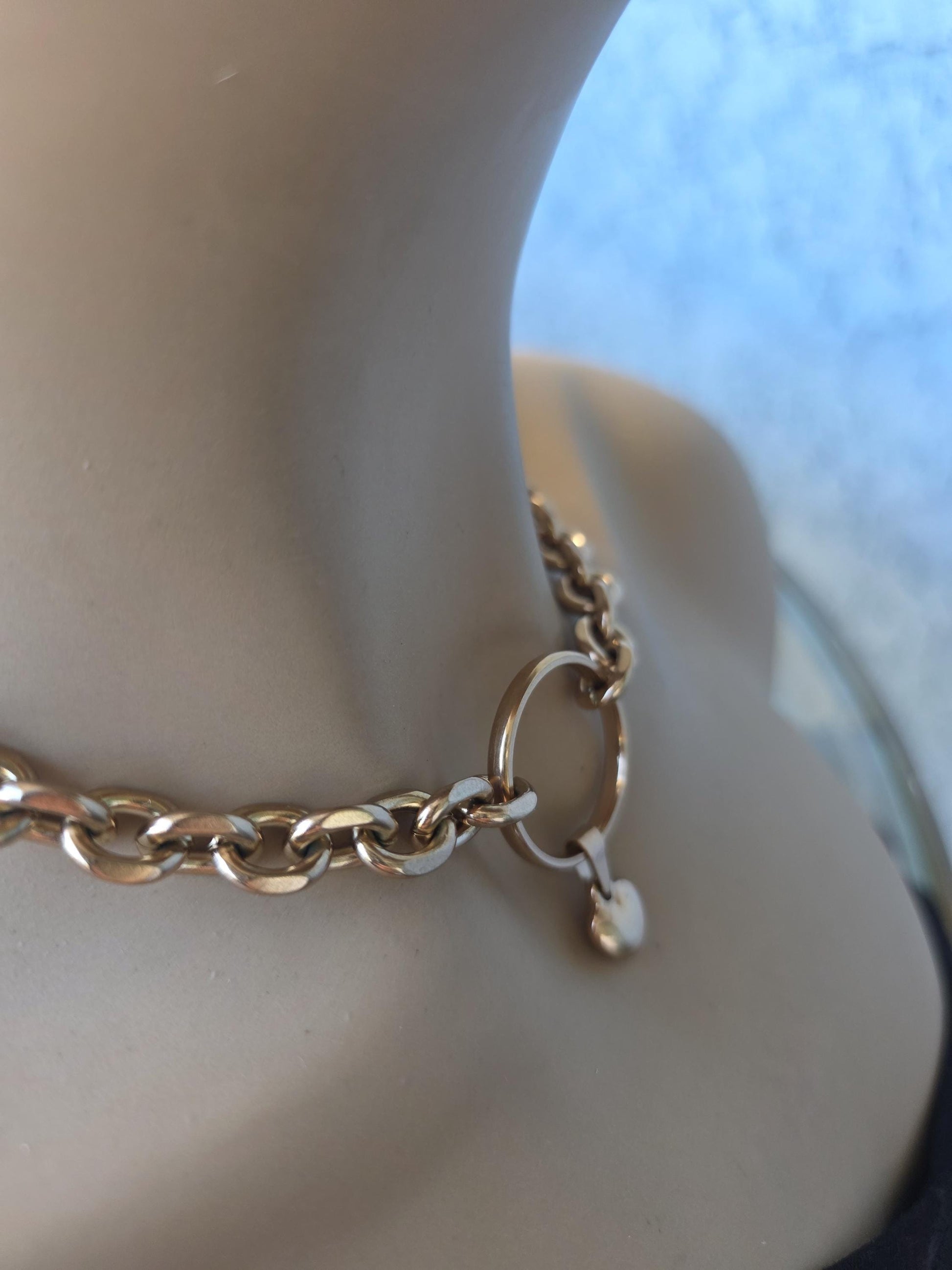 Rose Gold Steel Day Collar Choker Style Necklace with Heart Charm - Adjustable or Locking Clasp