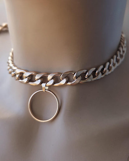 Rose Gold Steel Day Collar Choker Style Necklace with O Ring - Adjustable or Locking Clasp