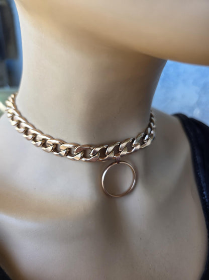 Rose Gold Steel Day Collar Choker Style Necklace with O Ring - Adjustable or Locking Clasp