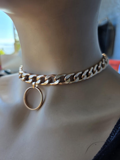 Rose Gold Steel Day Collar Choker Style Necklace with O Ring - Adjustable or Locking Clasp