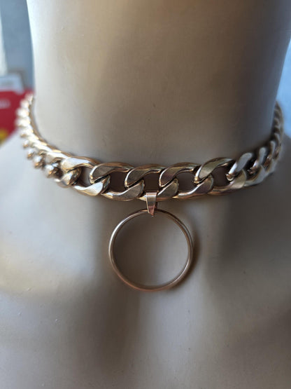 Rose Gold Steel Day Collar Choker Style Necklace with O Ring - Adjustable or Locking Clasp