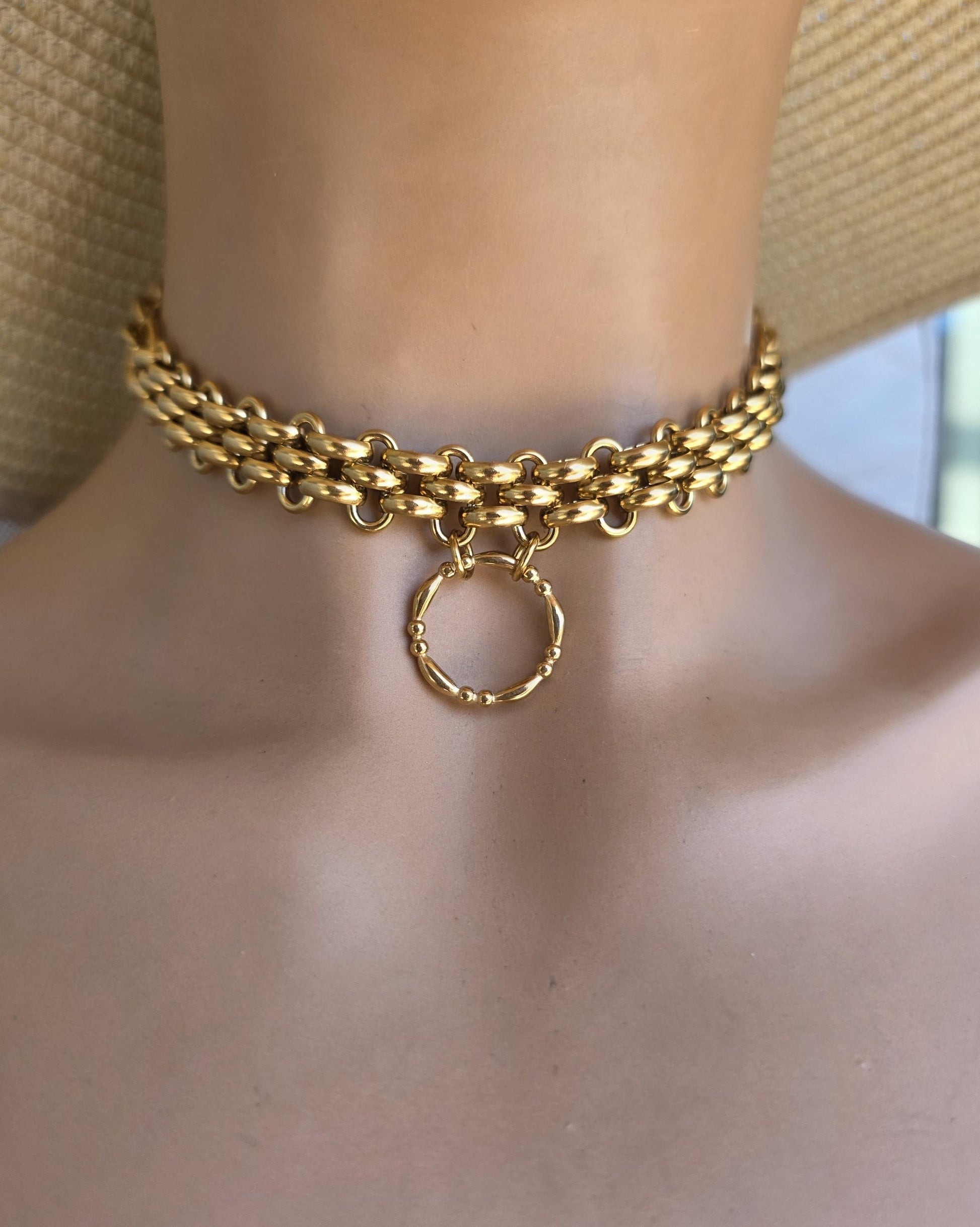 Gold Plated Steel Chunky Day Collar Statement Choker Necklace with Permanent Locking Option