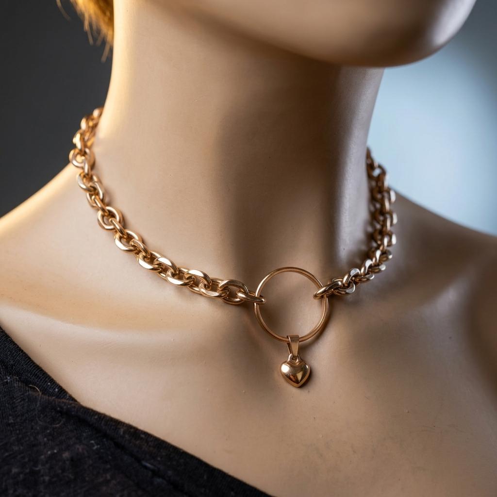 Rose Gold Steel Day Collar Choker Style Necklace with Heart Charm - Adjustable or Locking Clasp