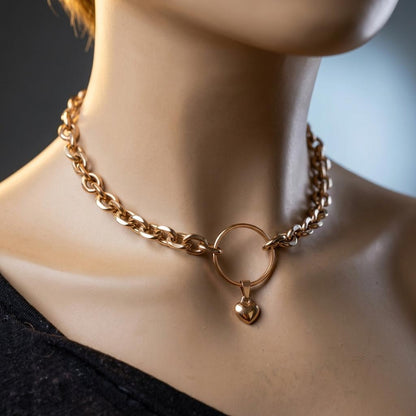 Rose Gold Steel Day Collar Choker Style Necklace with Heart Charm - Adjustable or Locking Clasp