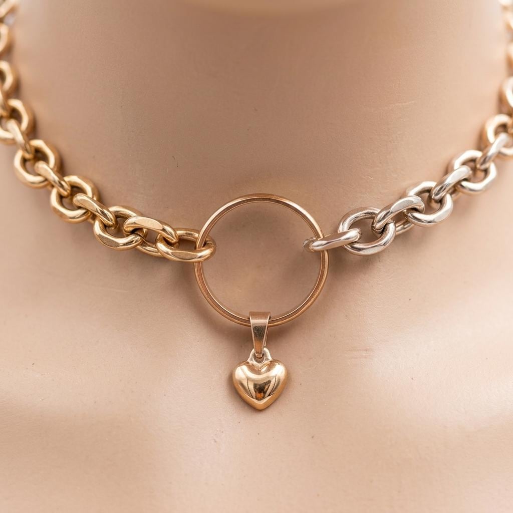 Rose Gold Steel Day Collar Choker Style Necklace with Heart Charm - Adjustable or Locking Clasp
