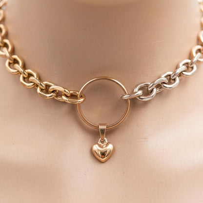 Rose Gold Steel Day Collar Choker Style Necklace with Heart Charm - Adjustable or Locking Clasp