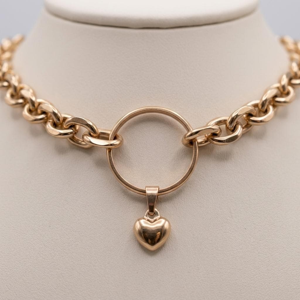 Rose Gold Steel Day Collar Choker Style Necklace with Heart Charm - Adjustable or Locking Clasp