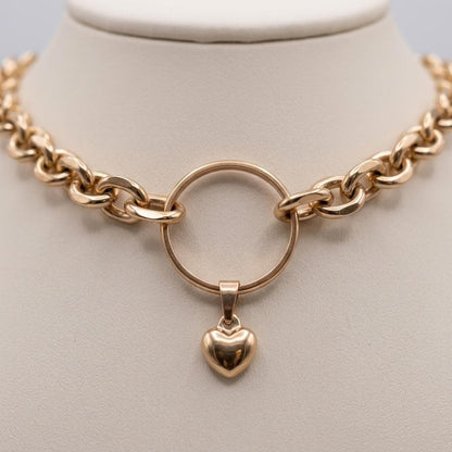 Rose Gold Steel Day Collar Choker Style Necklace with Heart Charm - Adjustable or Locking Clasp