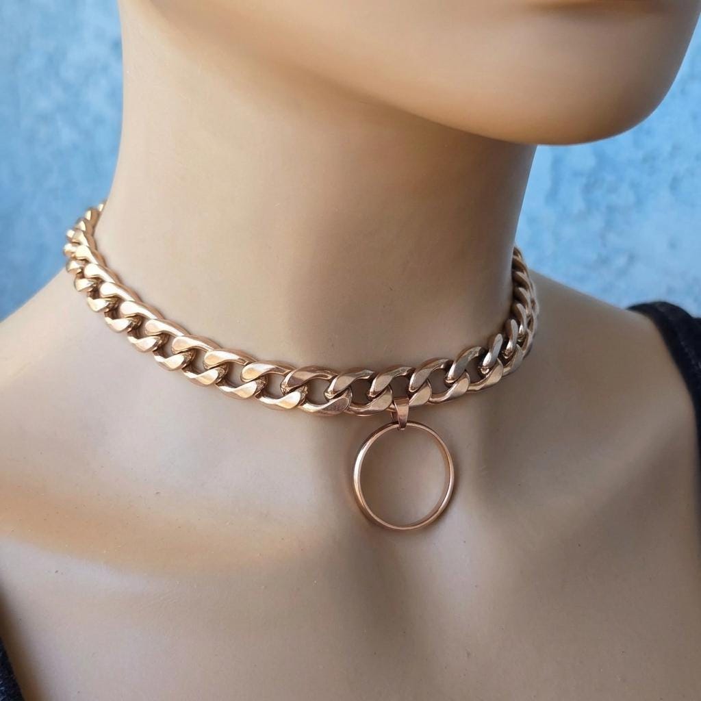 Rose Gold Steel Day Collar Choker Style Necklace with O Ring - Adjustable or Locking Clasp