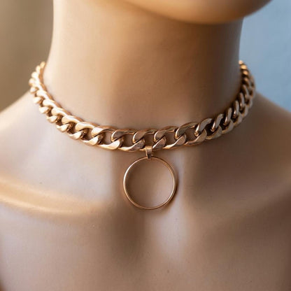 Rose Gold Steel Day Collar Choker Style Necklace with O Ring - Adjustable or Locking Clasp
