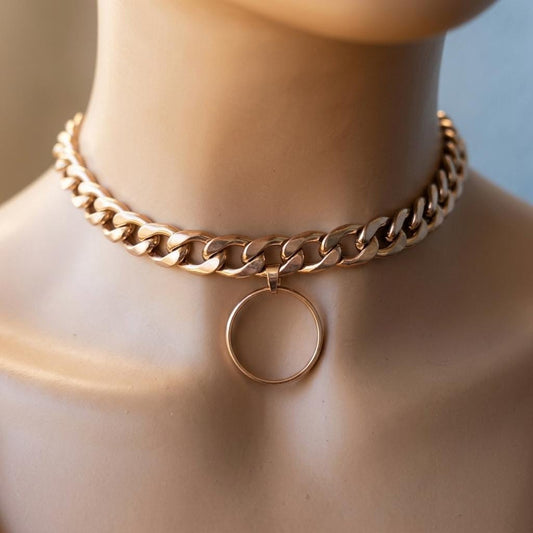 Rose Gold Steel Day Collar Choker Style Necklace with O Ring - Adjustable or Locking Clasp