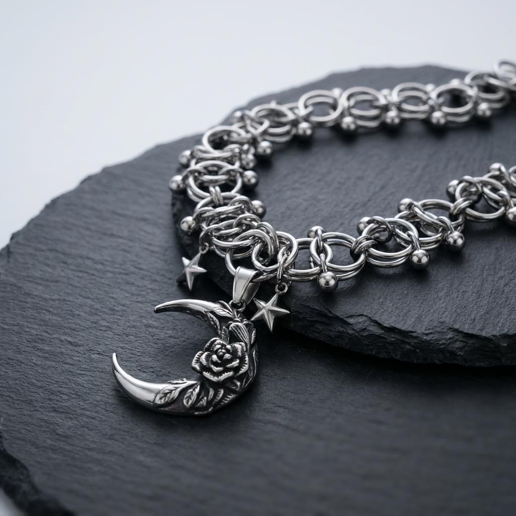 Crescent Moon & Stars Chainmail Choker Celestial Necklace - Handmade Norse Viking Goth Necklace