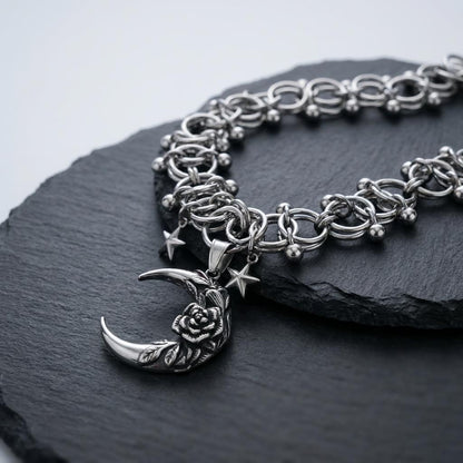 Crescent Moon & Stars Chainmail Choker Celestial Necklace - Handmade Norse Viking Goth Necklace