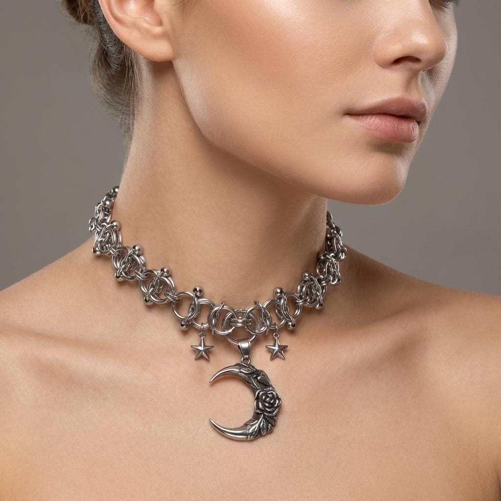 Crescent Moon & Stars Chainmail Choker Celestial Necklace - Handmade Norse Viking Goth Necklace