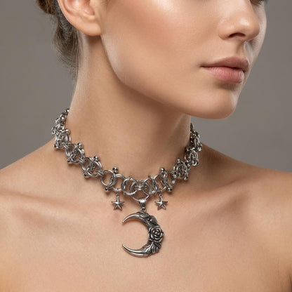 Crescent Moon & Stars Chainmail Choker Celestial Necklace - Handmade Norse Viking Goth Necklace