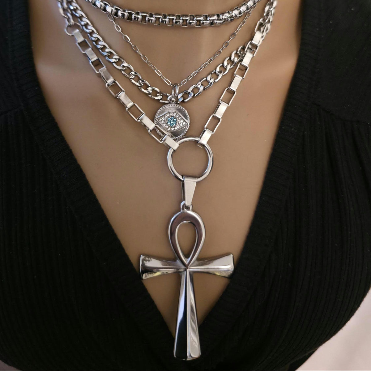 Layered Multi Strand Chunky Chain Gothic Choker Collar Necklace Set