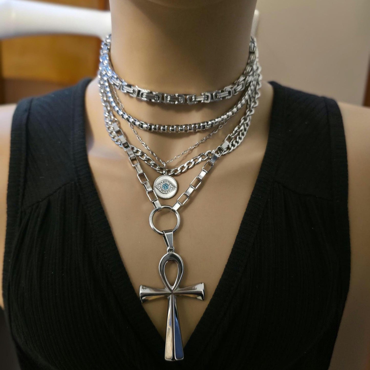 Layered Multi Strand Chunky Chain Gothic Choker Collar Necklace Set