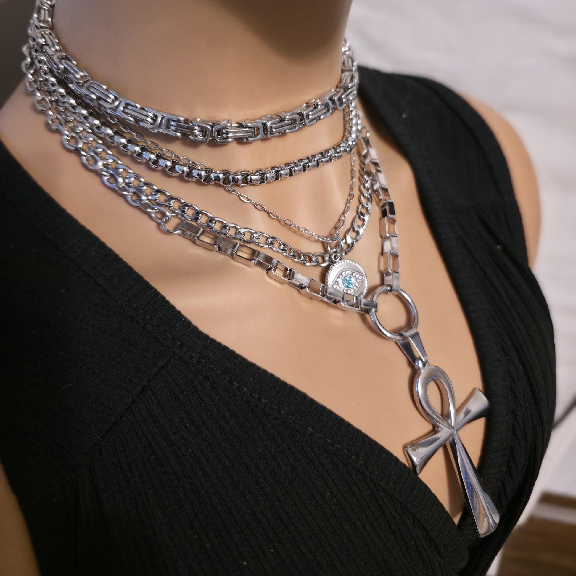 Layered Multi Strand Chunky Chain Gothic Choker Collar Necklace Set