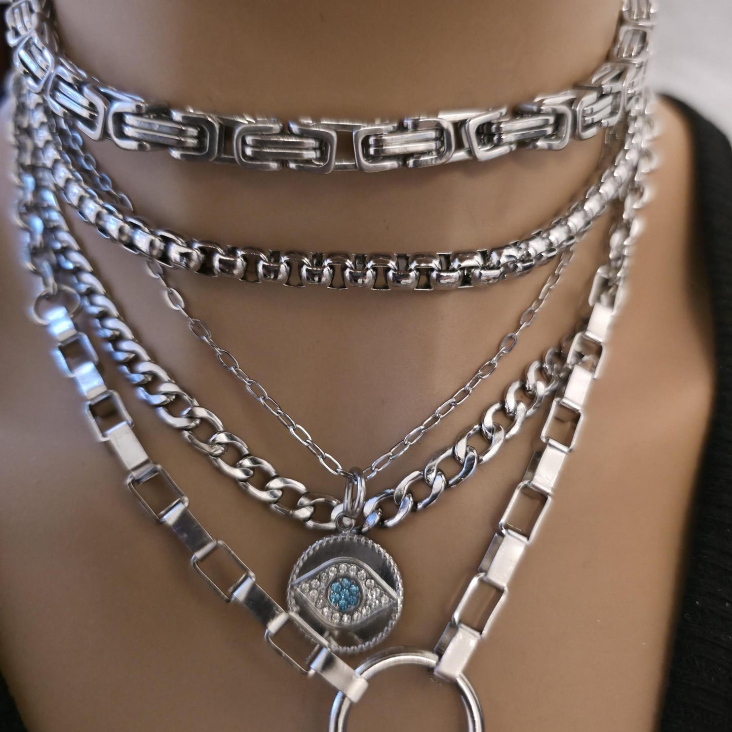 Layered Multi Strand Chunky Chain Gothic Choker Collar Necklace Set