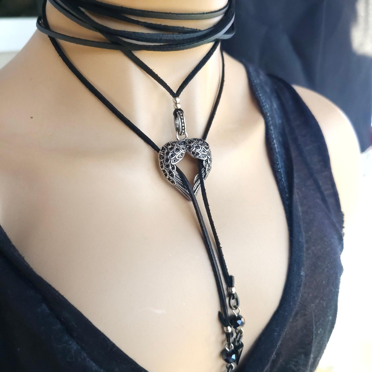 Black Leather Gothic Bolero Wrap Collar Choker Layered Lariat Necklace w/ Spikes Heart - Handmade Grunge Punk Aesthetic Jewelry Gift for Her