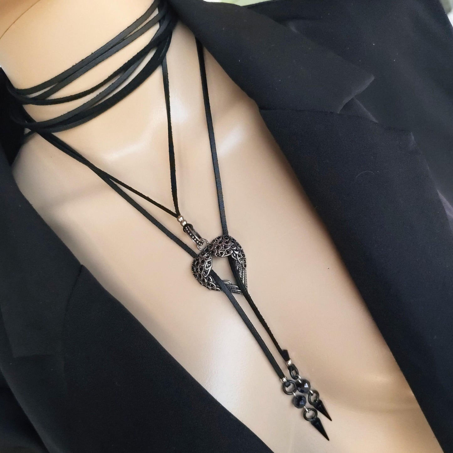 Black Leather Gothic Bolero Wrap Collar Choker Layered Lariat Necklace w/ Spikes Heart - Handmade Grunge Punk Aesthetic Jewelry Gift for Her