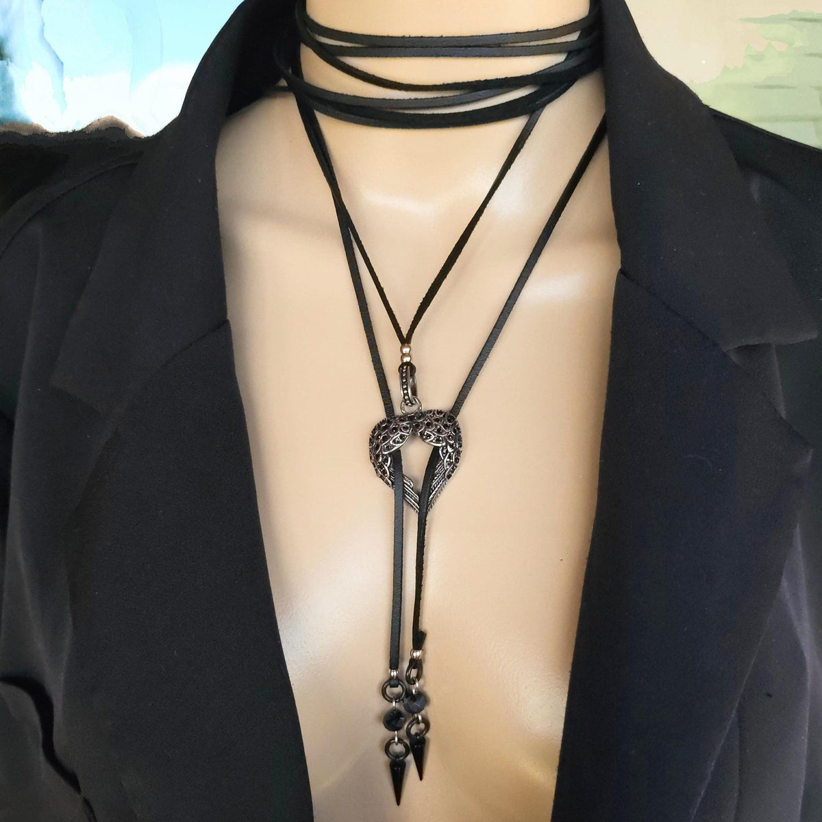 Black Leather Gothic Bolero Wrap Collar Choker Layered Lariat Necklace w/ Spikes Heart - Handmade Grunge Punk Aesthetic Jewelry Gift for Her