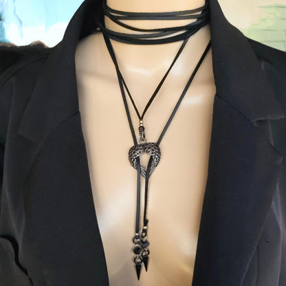 Black Leather Gothic Bolero Wrap Collar Choker Layered Lariat Necklace w/ Spikes Heart - Handmade Grunge Punk Aesthetic Jewelry Gift for Her