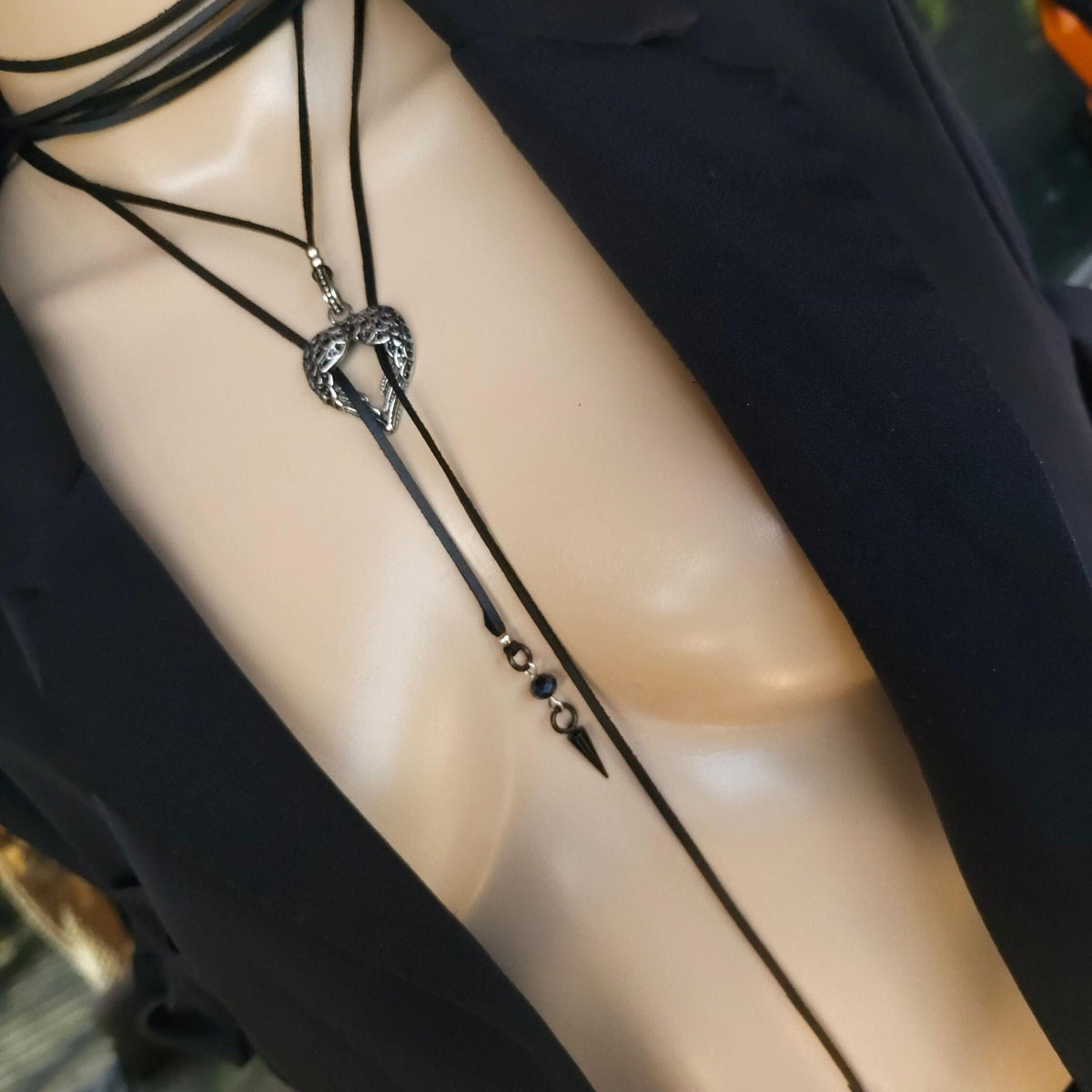 Black Leather Gothic Bolero Wrap Collar Choker Layered Lariat Necklace w/ Spikes Heart - Handmade Grunge Punk Aesthetic Jewelry Gift for Her