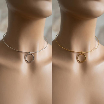 Steel Day Collar Rigid 1.5 mm Dainty Choker Necklace, Engraved Ring & Permanent Locking Option