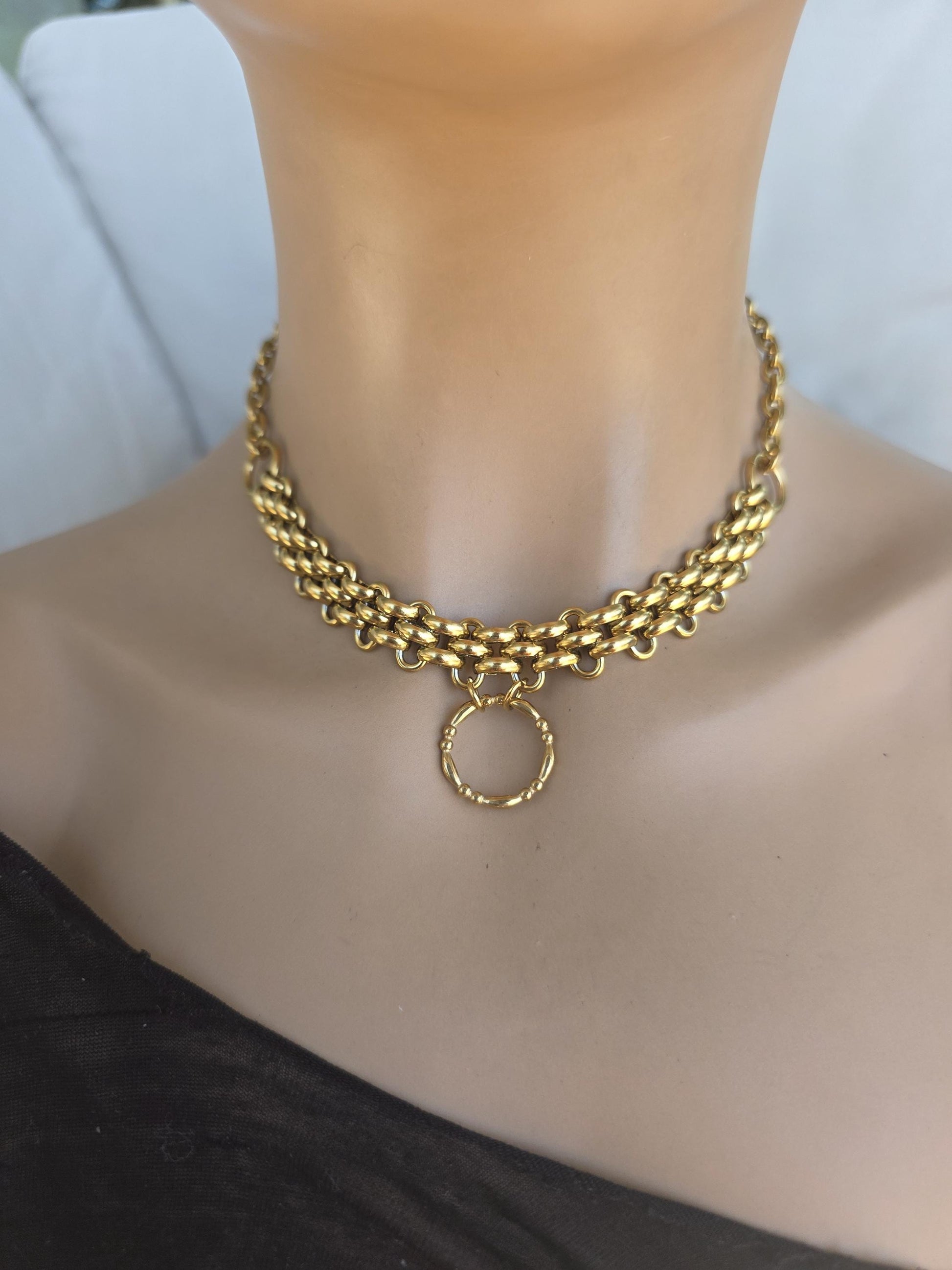 Gold Plated Steel Chunky Day Collar Statement Choker Necklace with Permanent Locking Option