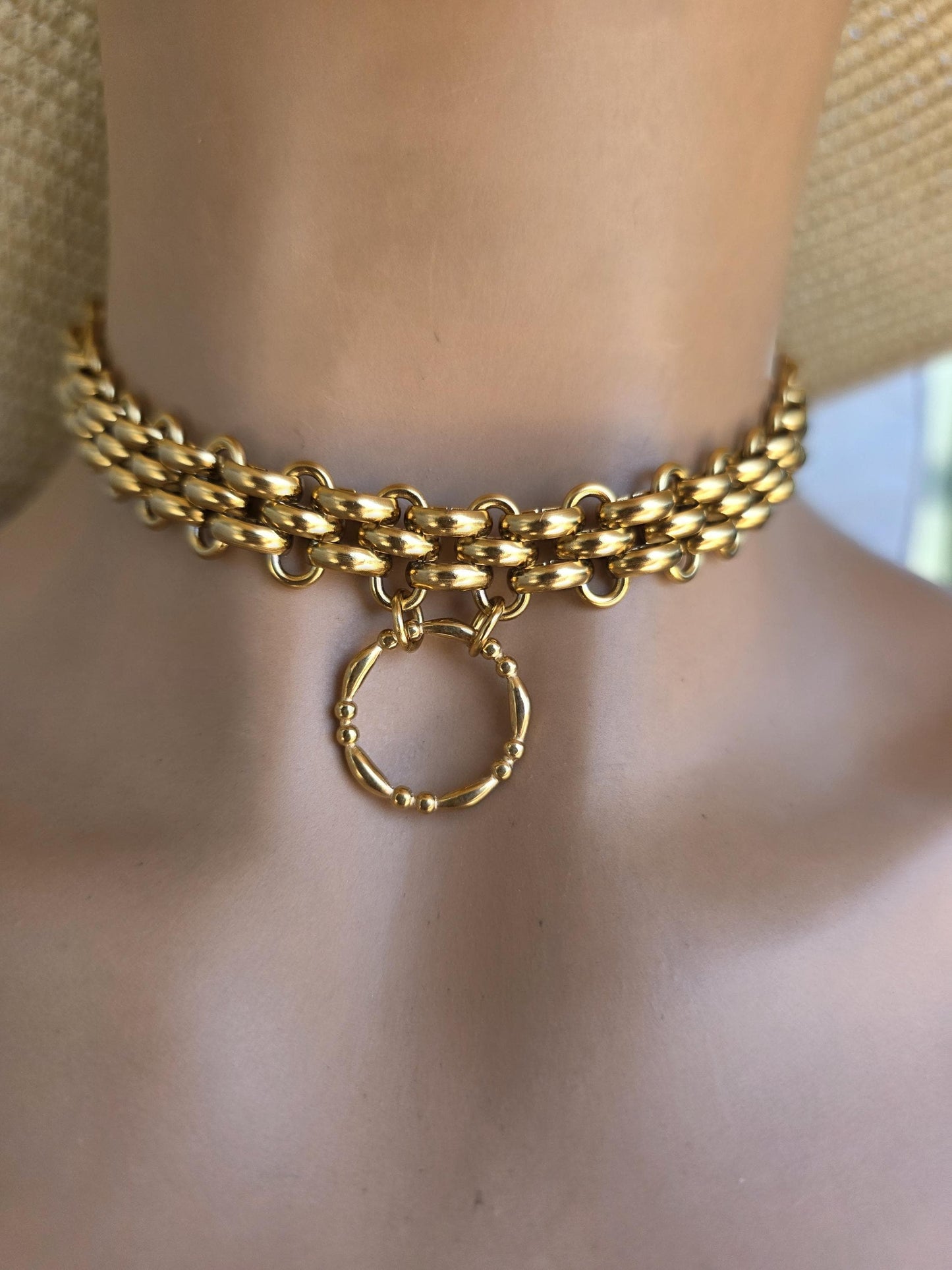 Gold Plated Steel Chunky Day Collar Statement Choker Necklace with Permanent Locking Option