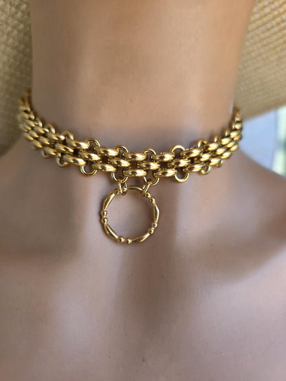 Gold Plated Steel Chunky Day Collar Statement Choker Necklace with Permanent Locking Option