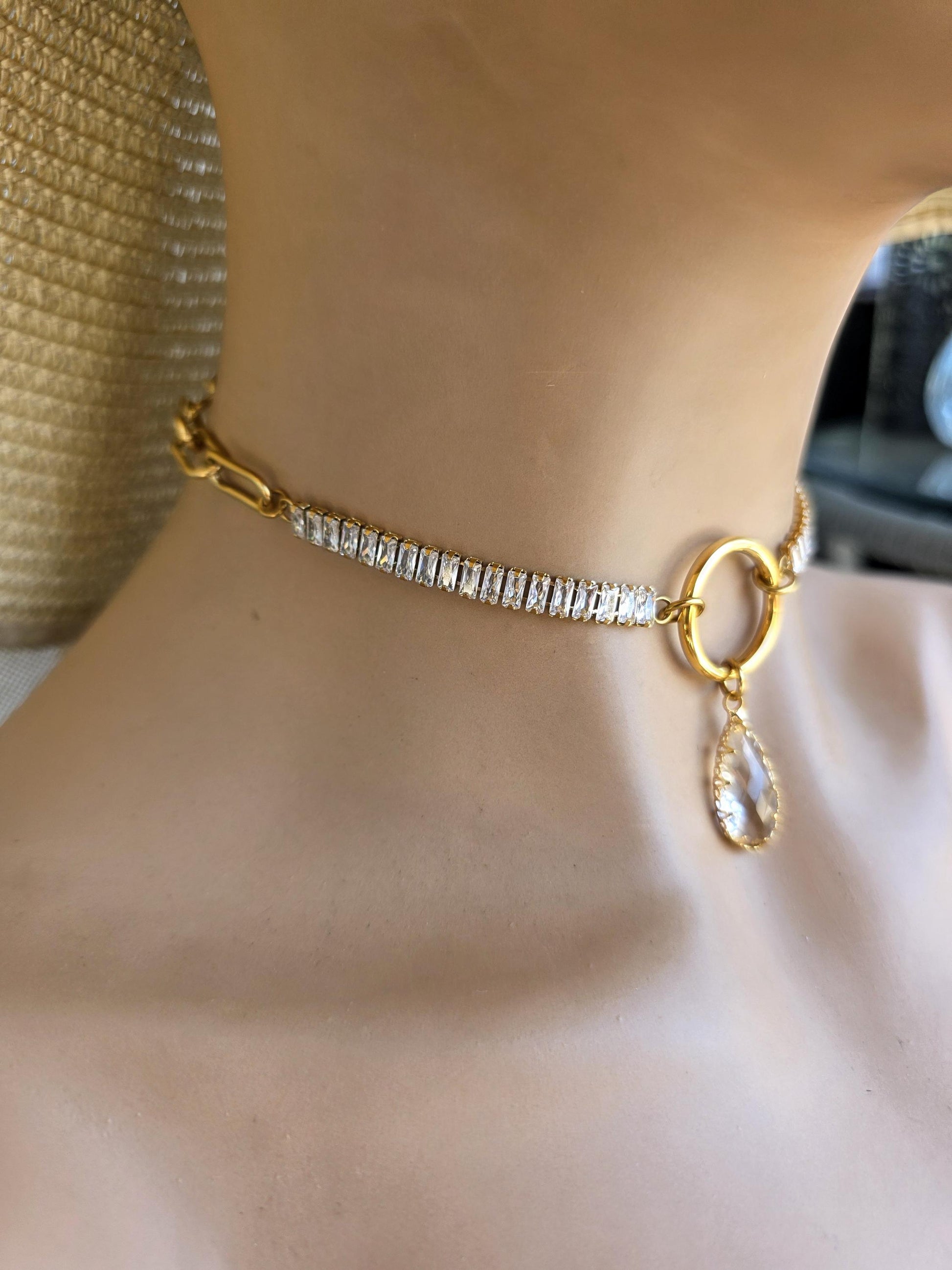 Gold Plated Steel Day Collar with CZ Baguettes and Crystal Pendant Choker Necklace & Permanent Locking Option