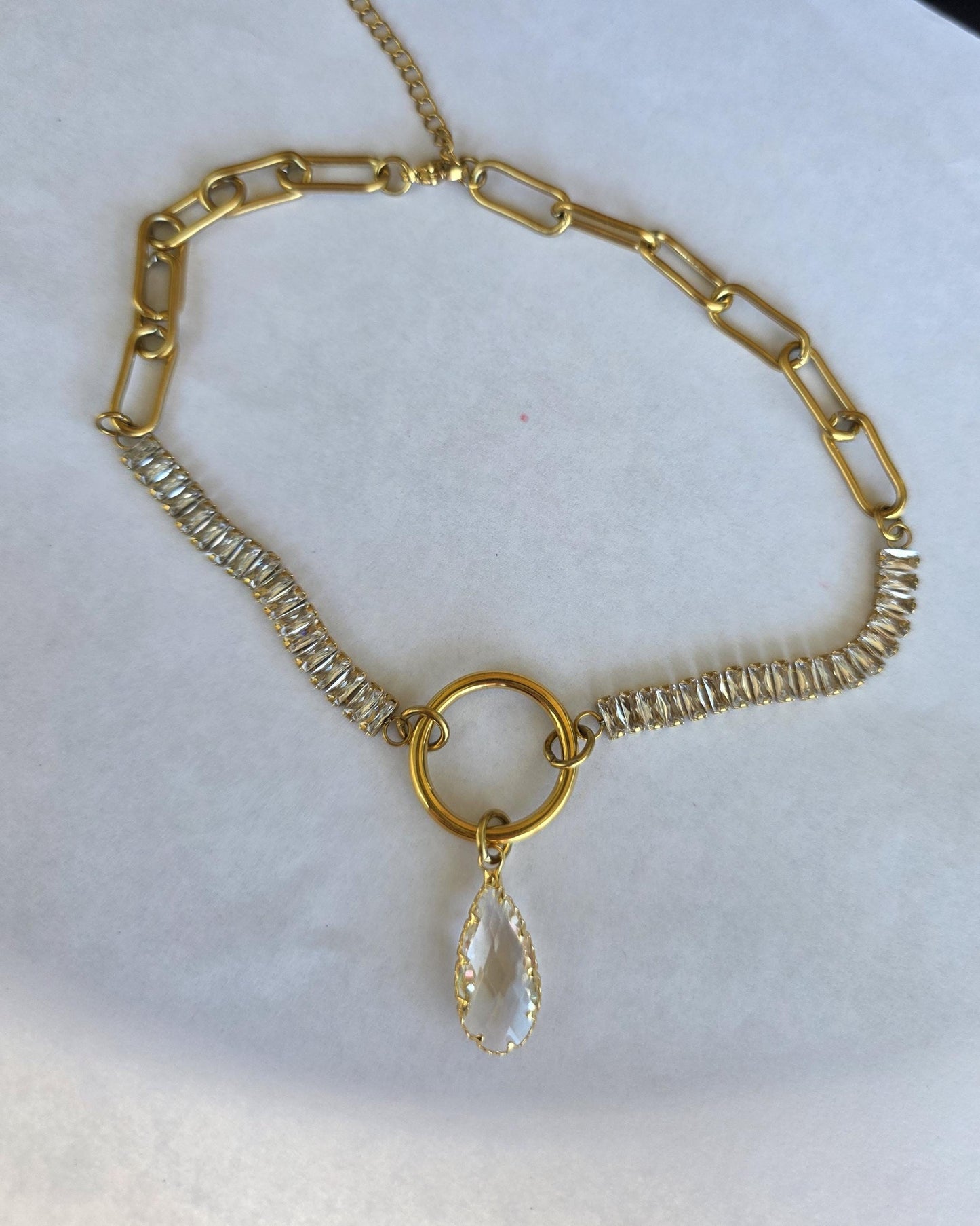 Gold Plated Steel Day Collar with CZ Baguettes and Crystal Pendant Choker Necklace & Permanent Locking Option