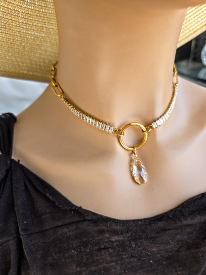 Gold Plated Steel Day Collar with CZ Baguettes and Crystal Pendant Choker Necklace & Permanent Locking Option