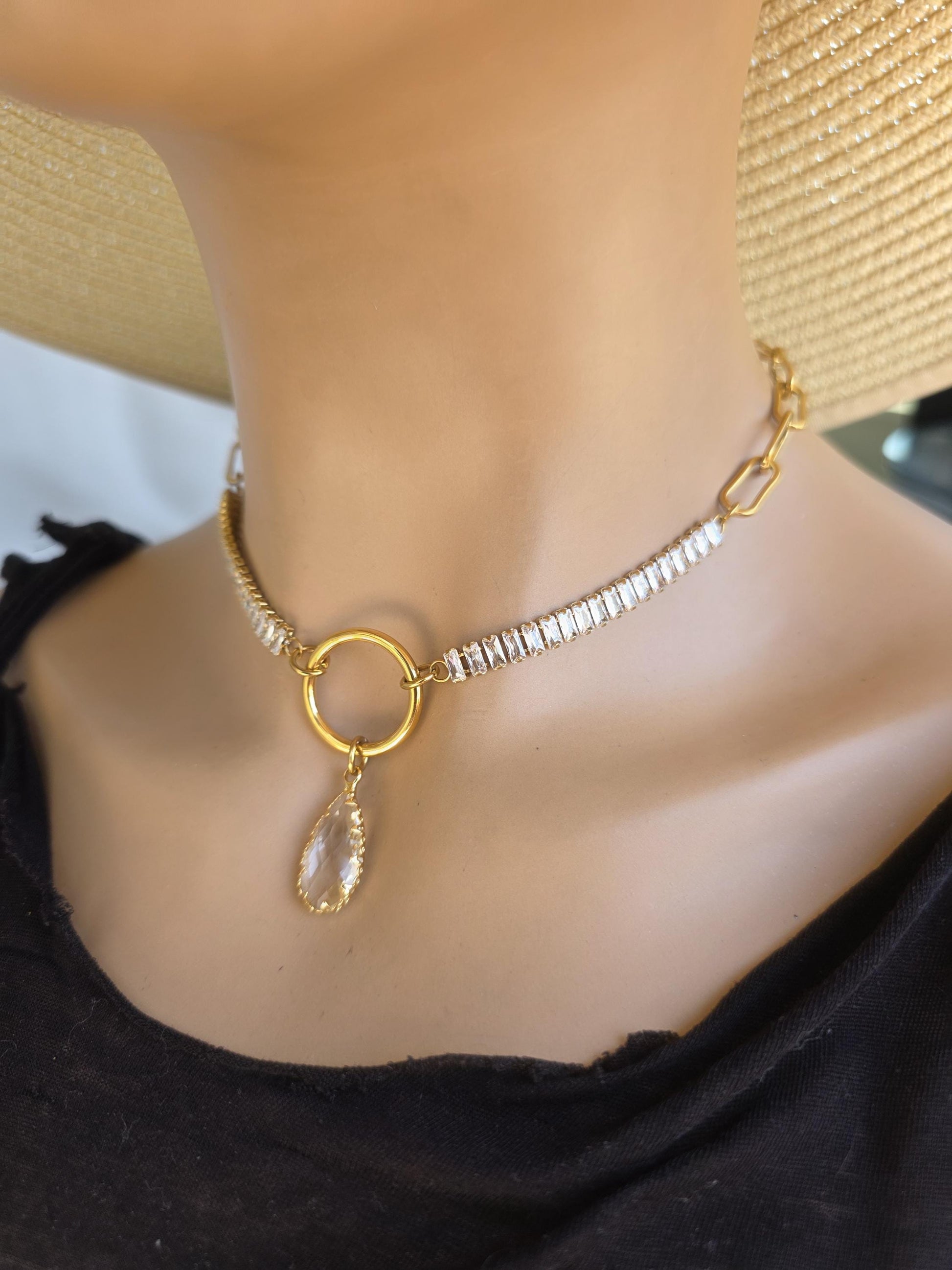 Gold Plated Steel Day Collar with CZ Baguettes and Crystal Pendant Choker Necklace & Permanent Locking Option