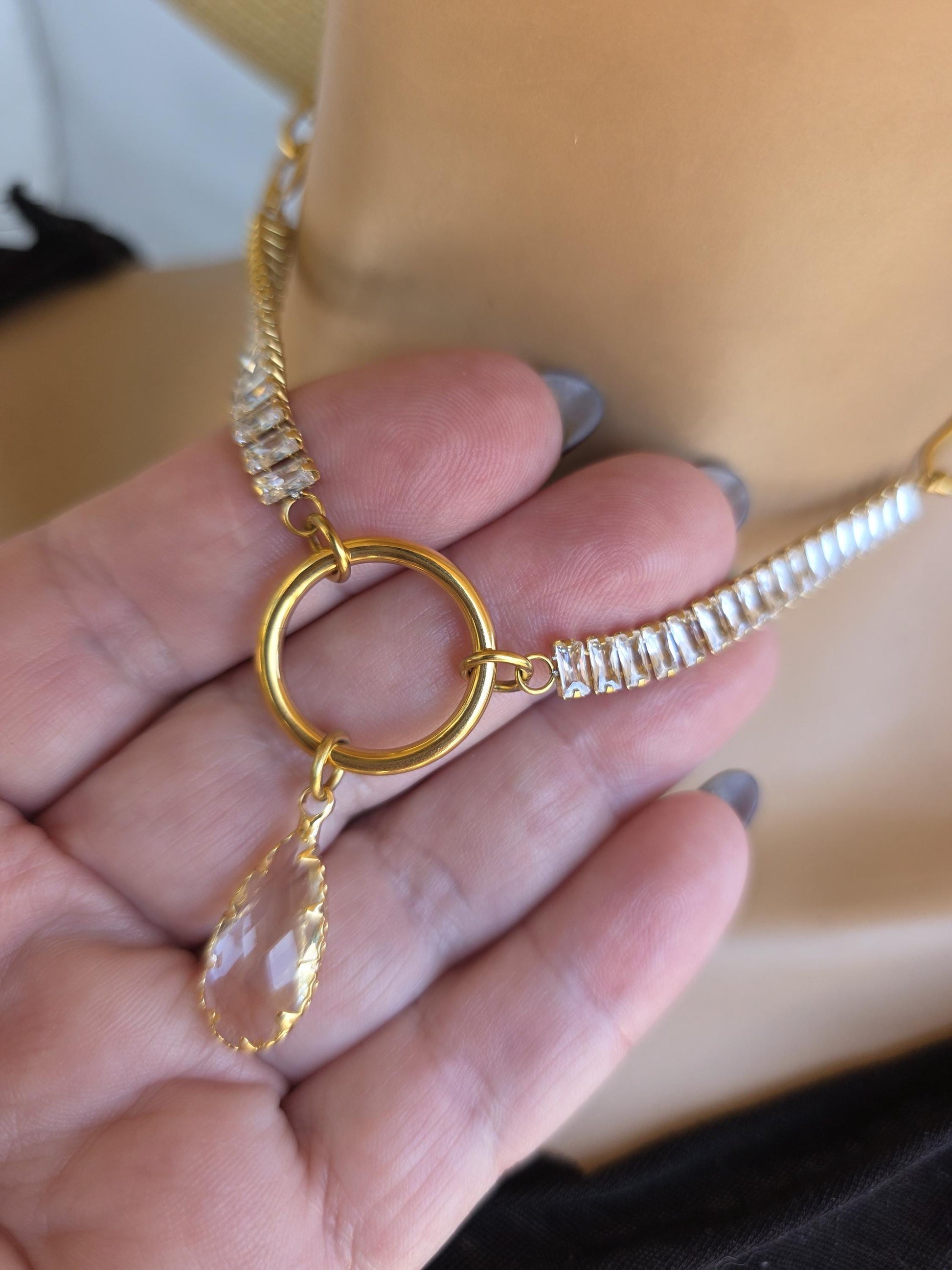 Gold Plated Steel Day Collar with CZ Baguettes and Crystal Pendant Choker Necklace & Permanent Locking Option