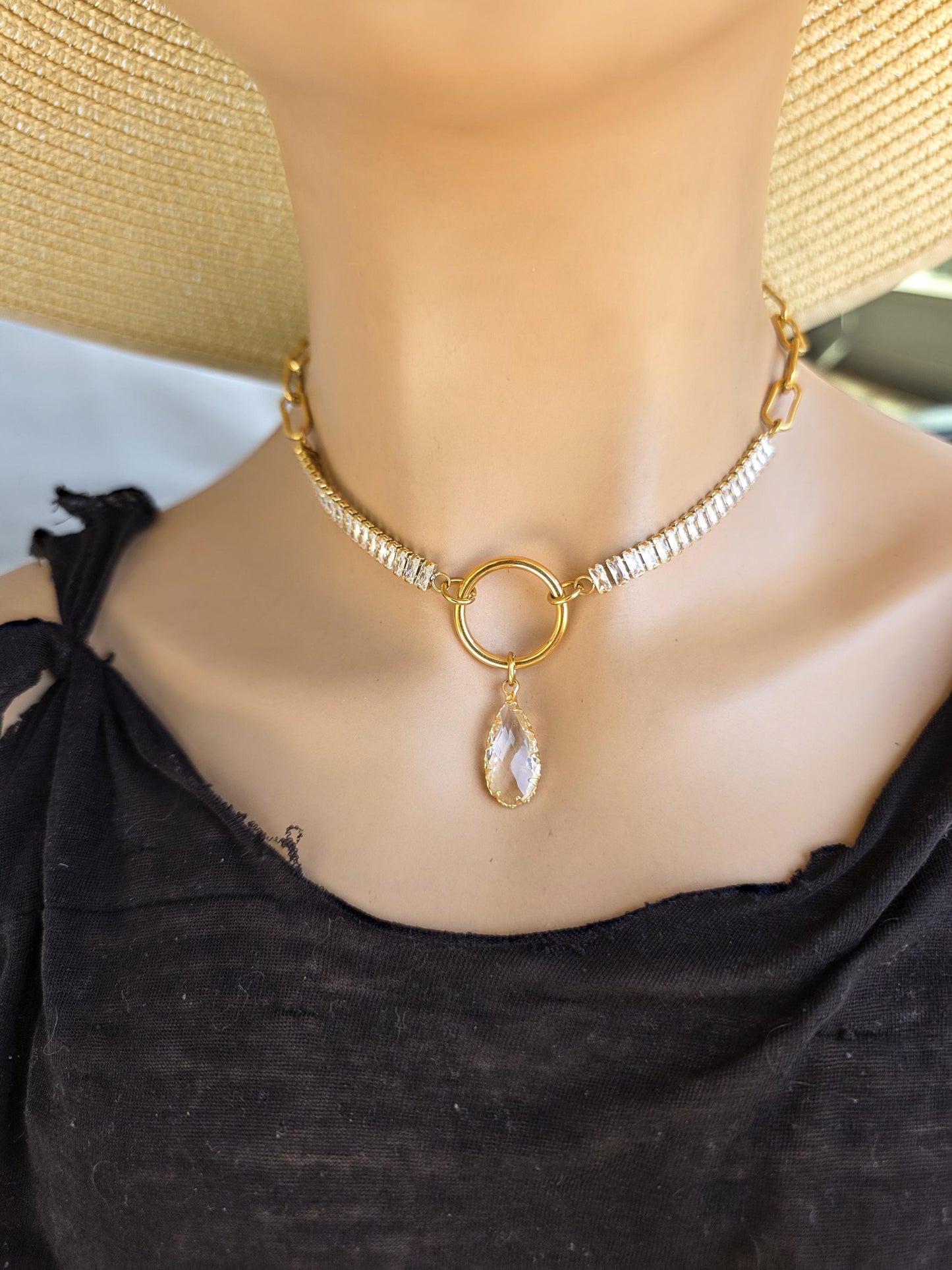 Gold Plated Steel Day Collar with CZ Baguettes and Crystal Pendant Choker Necklace & Permanent Locking Option