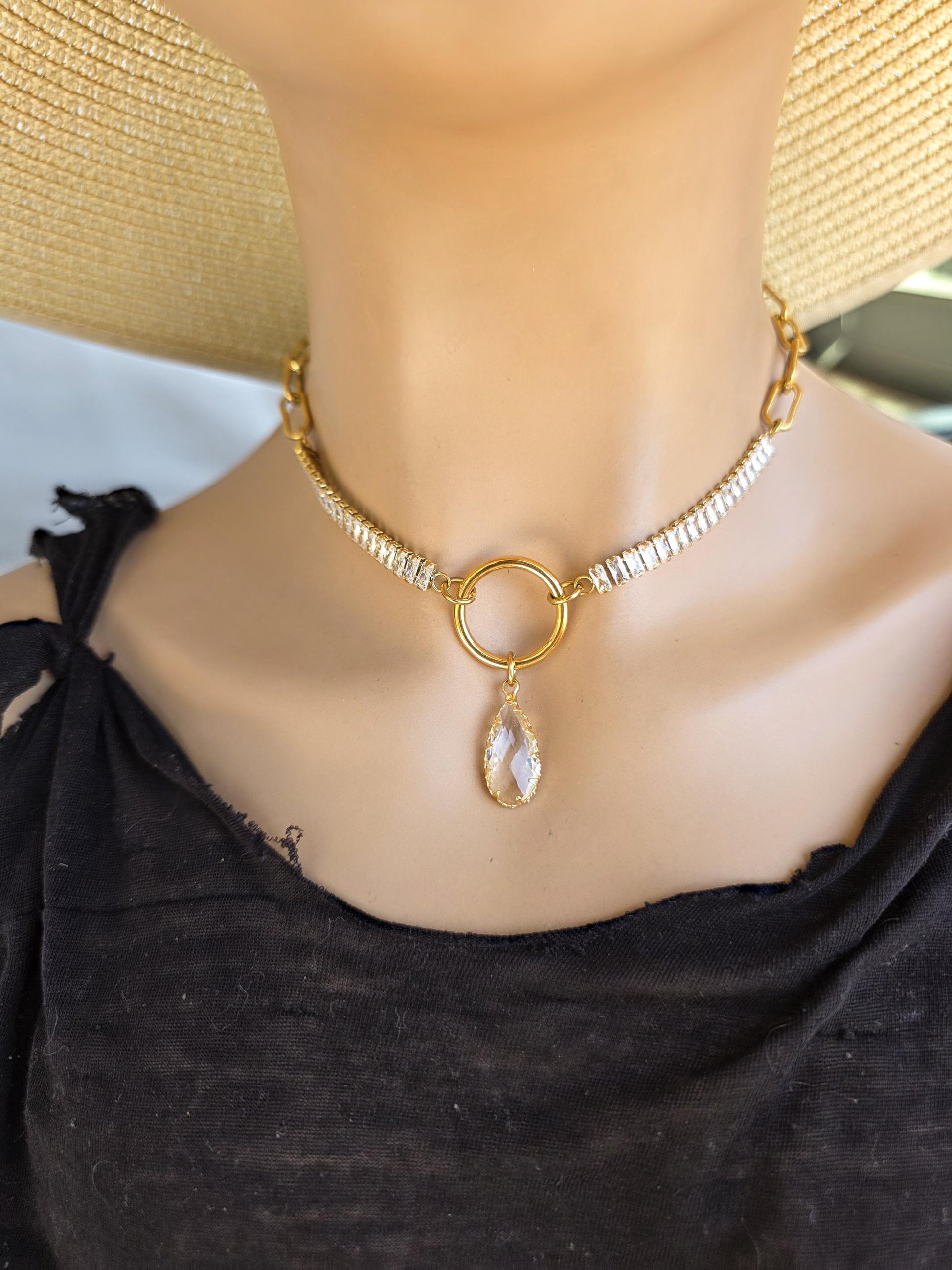 Gold Plated Steel Day Collar with CZ Baguettes and Crystal Pendant Choker Necklace & Permanent Locking Option