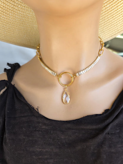 Gold Plated Steel Day Collar with CZ Baguettes and Crystal Pendant Choker Necklace & Permanent Locking Option