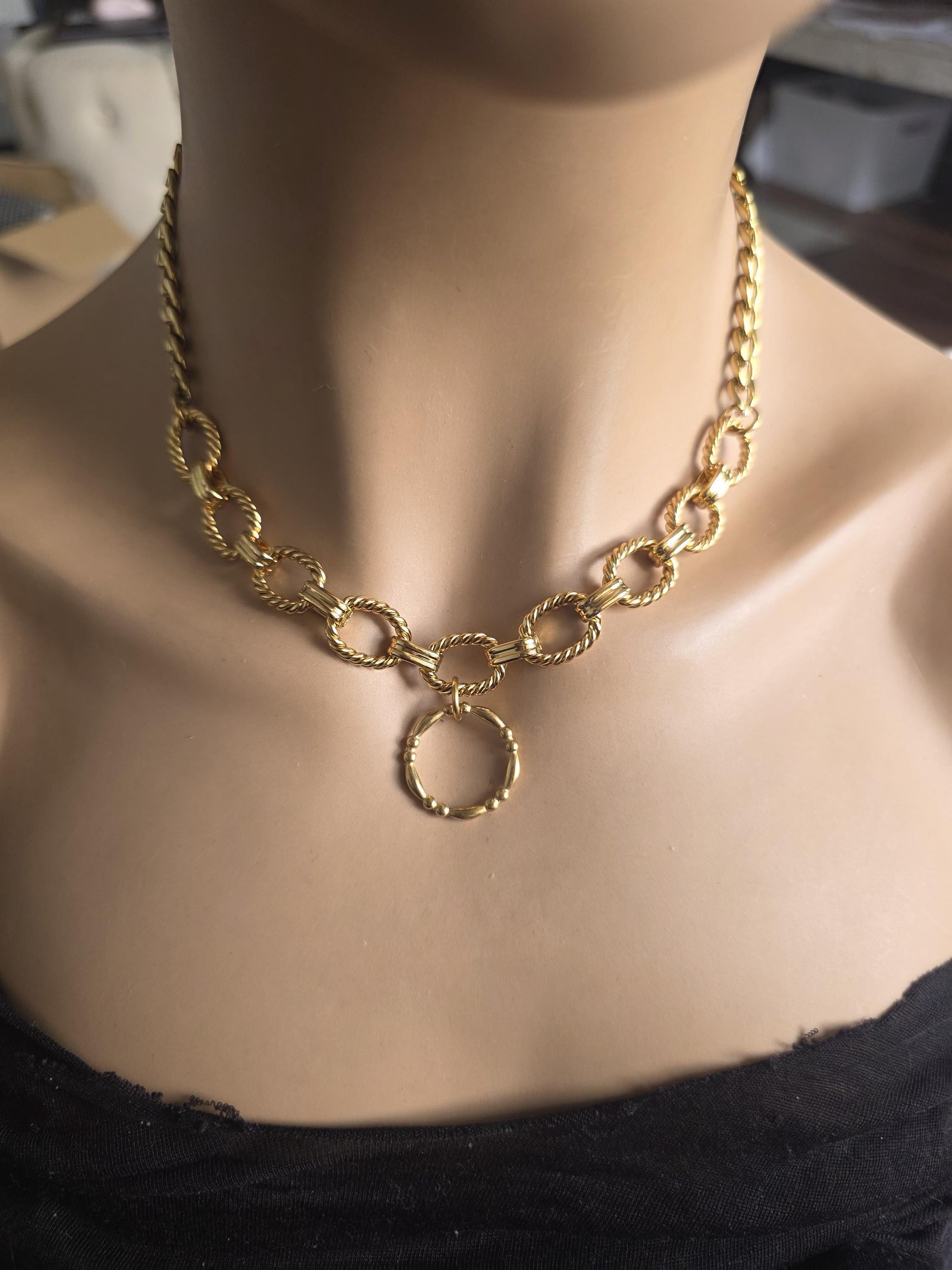 Gold Plated Steel Day Collar Choker Chunky Necklace with Permanent Locking Option