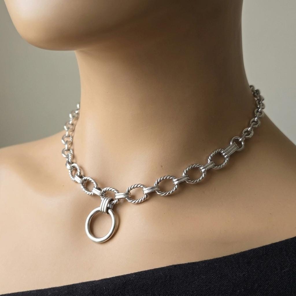 Steel Day Collar Chunky Choker Geometric Circle Necklace with O Ring & Permanent Locking Option