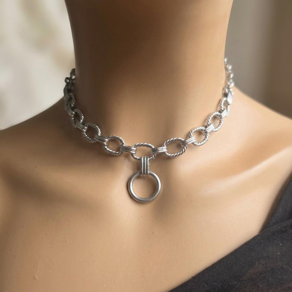 Steel Day Collar Chunky Choker Geometric Circle Necklace with O Ring & Permanent Locking Option