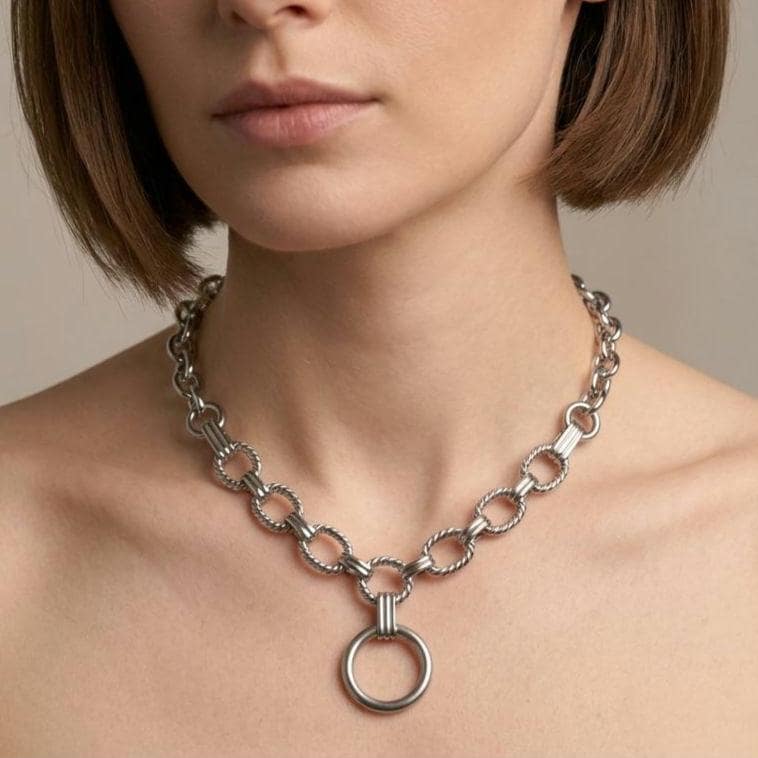 Steel Day Collar Chunky Choker Geometric Circle Necklace with O Ring & Permanent Locking Option
